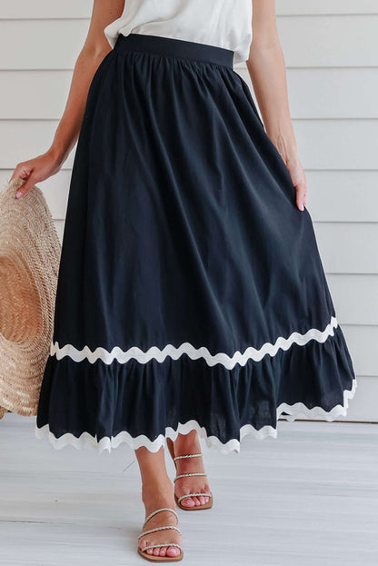 Black Ric Rac Trim High Waist Maxi Skirt