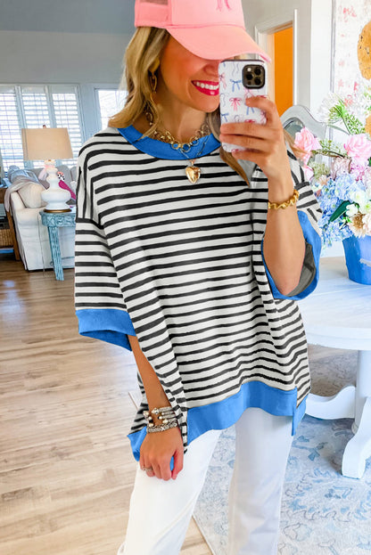 Pink Stripe Colorblock Drop Sleeve Loose Top