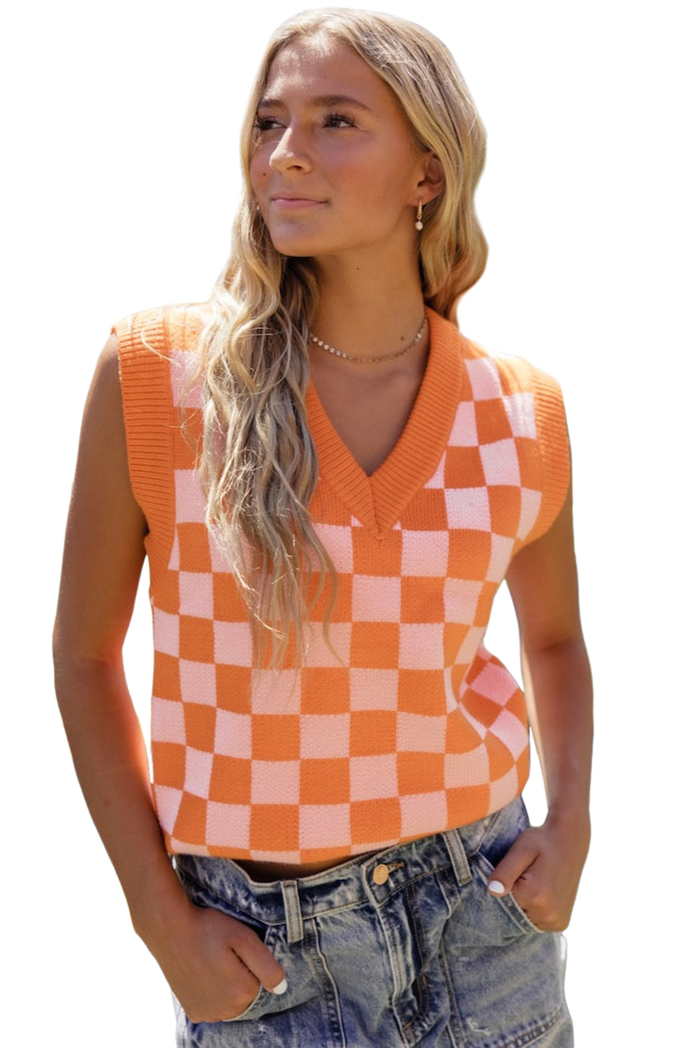 Russet Orange Checkered V Neck Knitted Sweater Vest