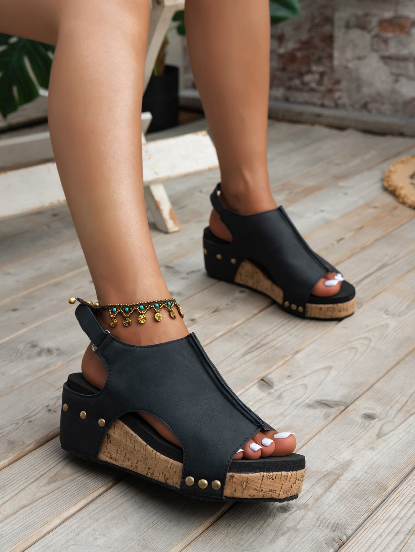 Brown Vintage Leather Stitching Studded Wedge Sandals