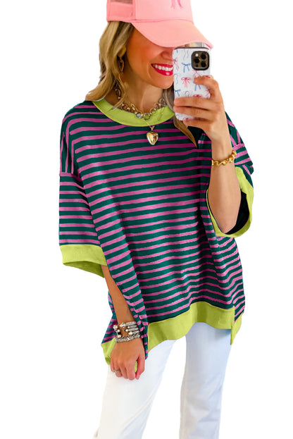 Pink Stripe Colorblock Drop Sleeve Loose Top