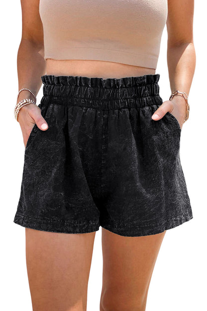 Black Bleached Casual Frill Elastic High Waist Pocket Denim Shorts