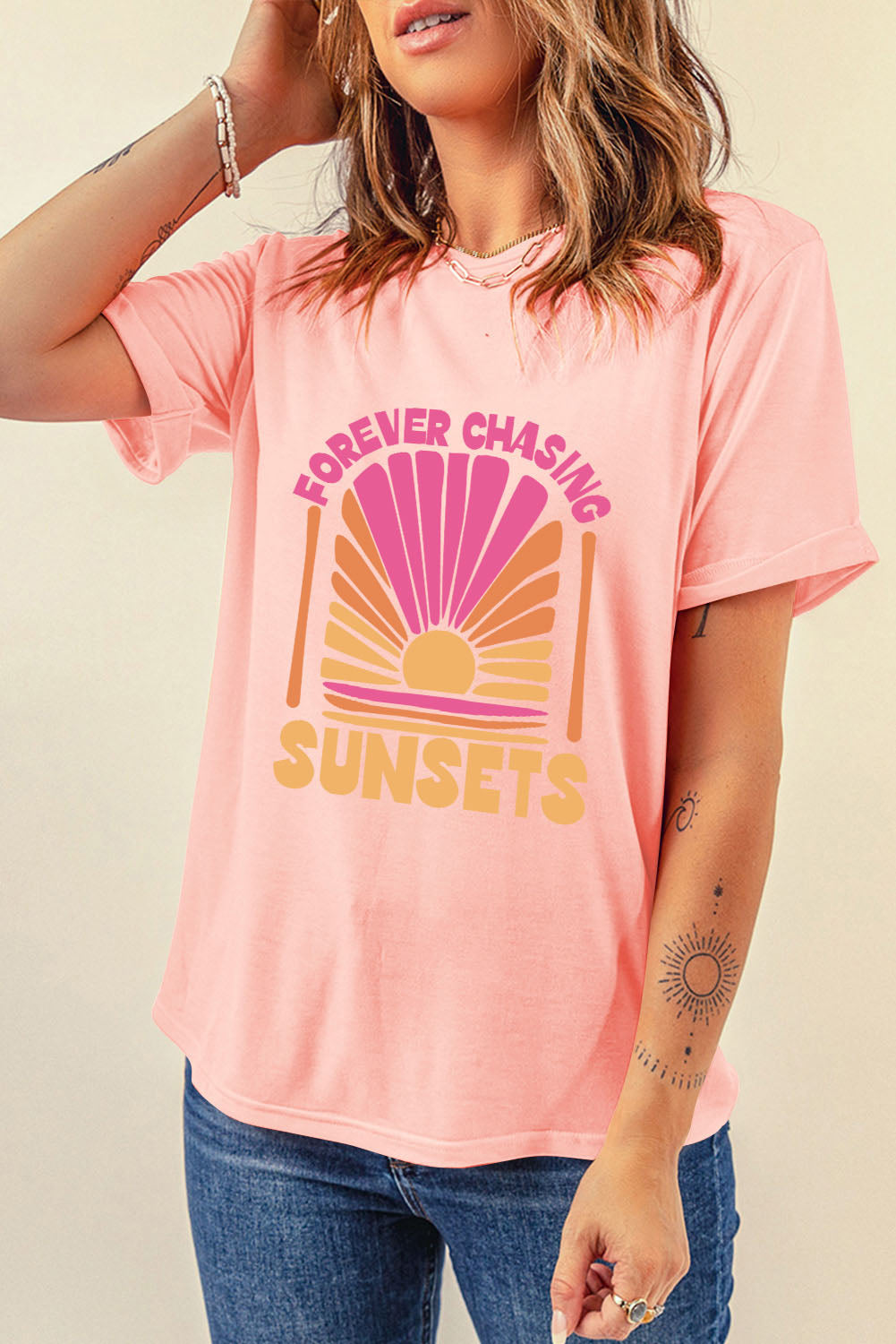 Pink FOREVER CHASING SUNSET Graphic Round Neck T Shirt