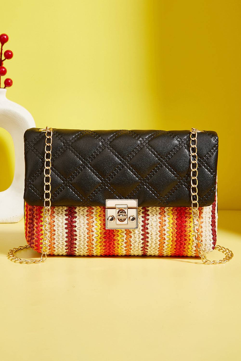 Wholesale Black Quilted Flap Printed Knit Chain Single Shoulder Bag