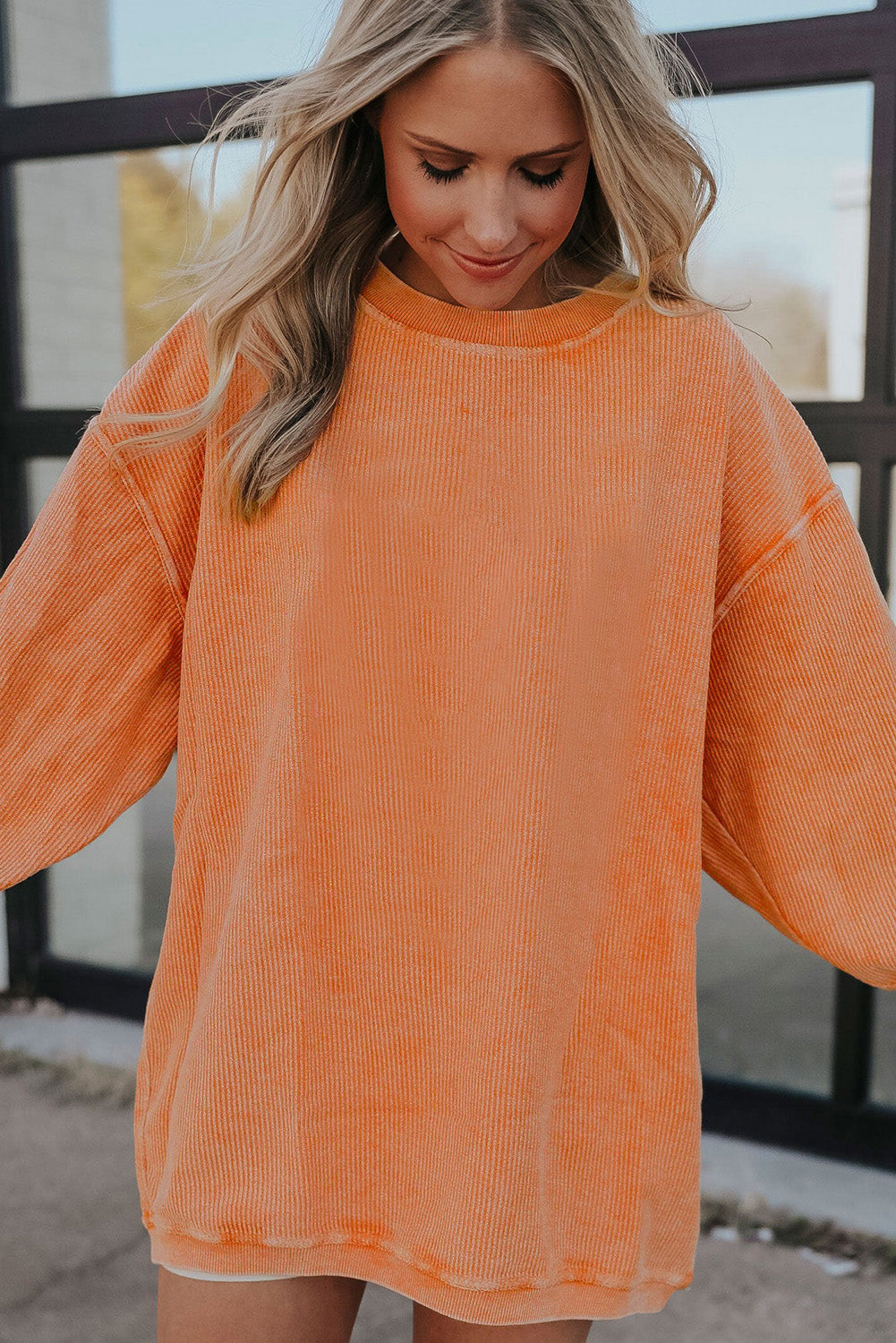 Orange Ribbed Corded Oversized Sweatshirt