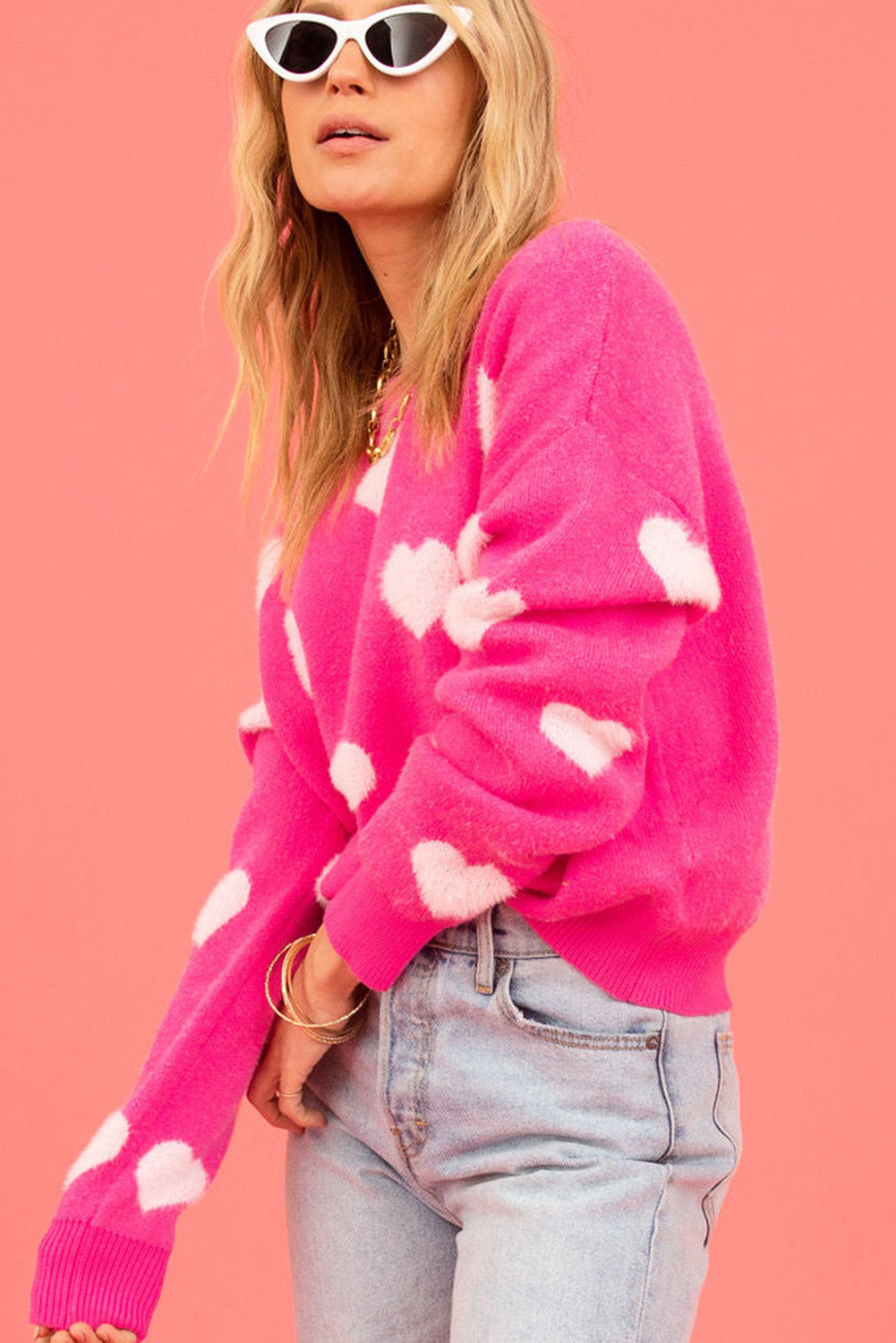 Bright Pink Fuzzy Valentine Hearts Drop Shoulder Sweater