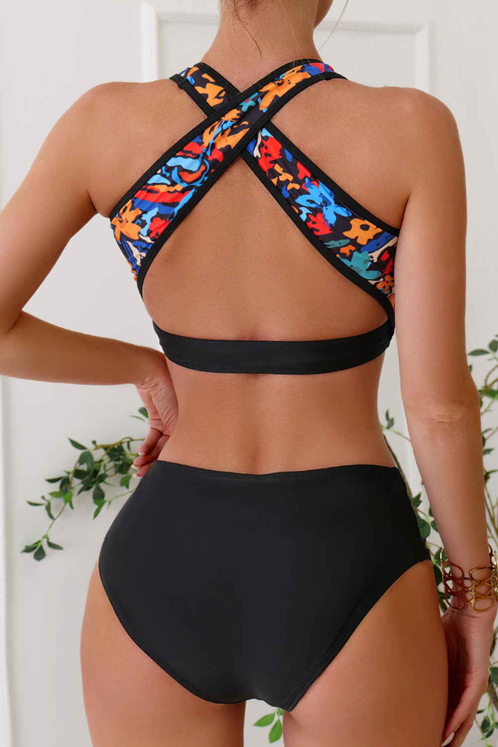 Black 3pcs Abstract Printe Crossed Top and A Line Skirt Bikini Set