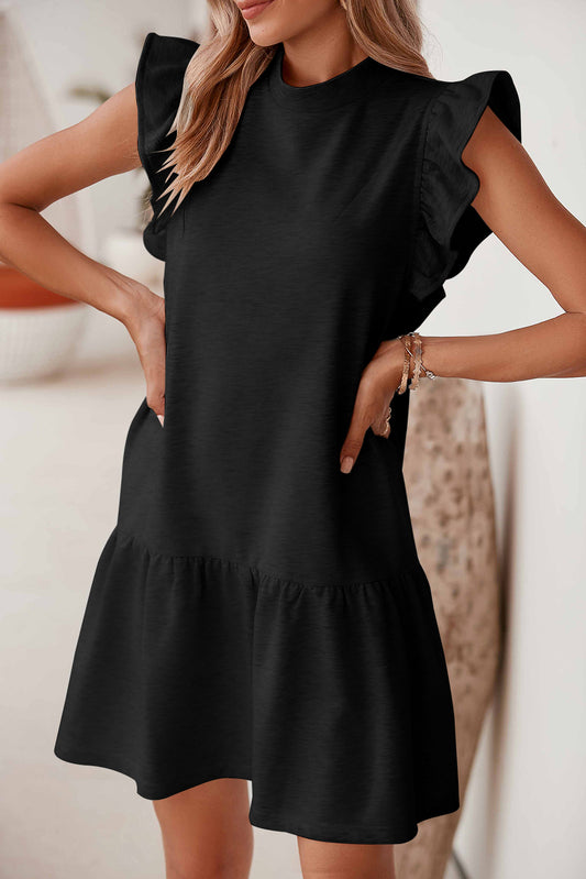 Black Solid Color Ruffle Hem Mini Sweatshirt Dress