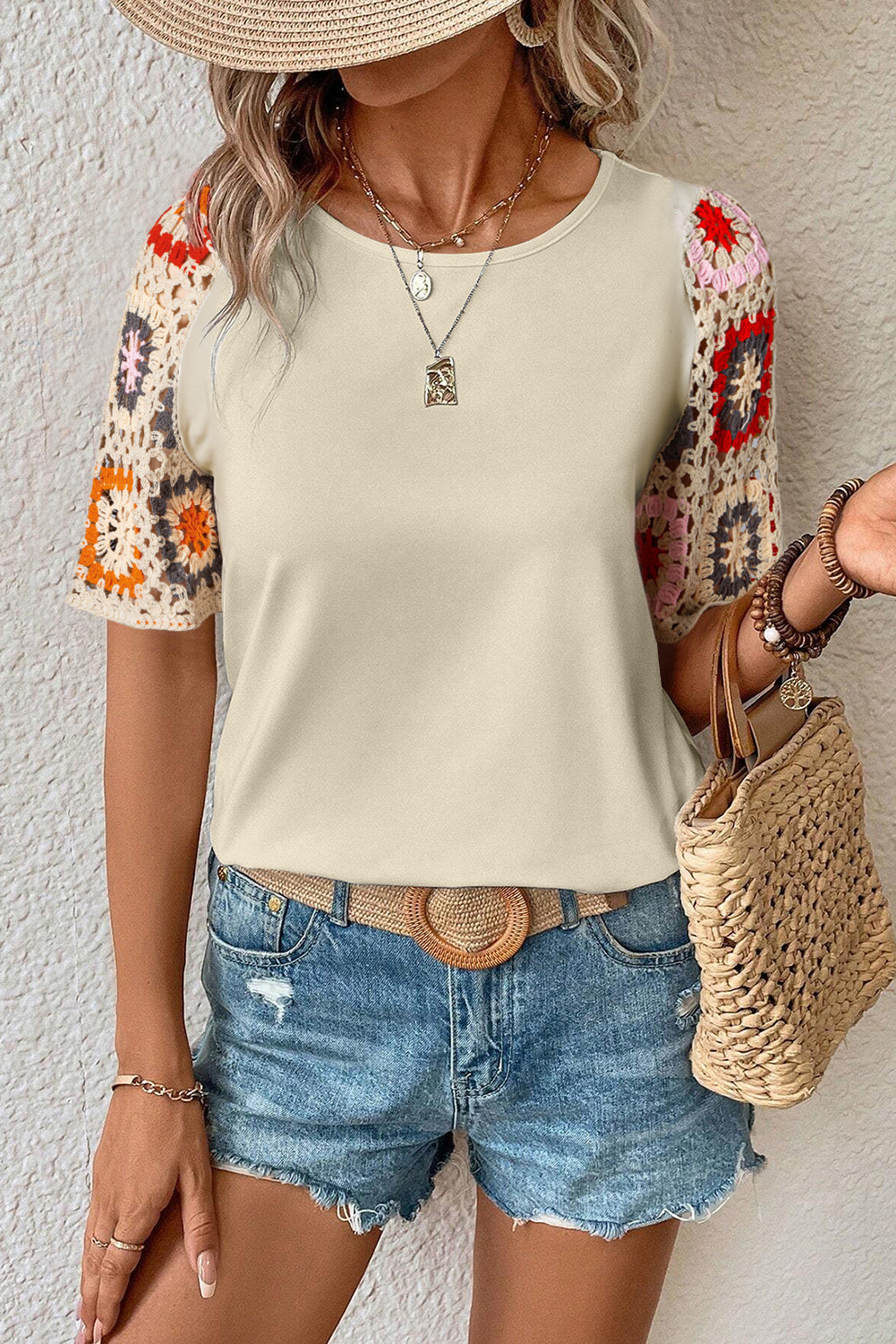 White Floral Hollowed Crochet Sleeve Boho Blouse