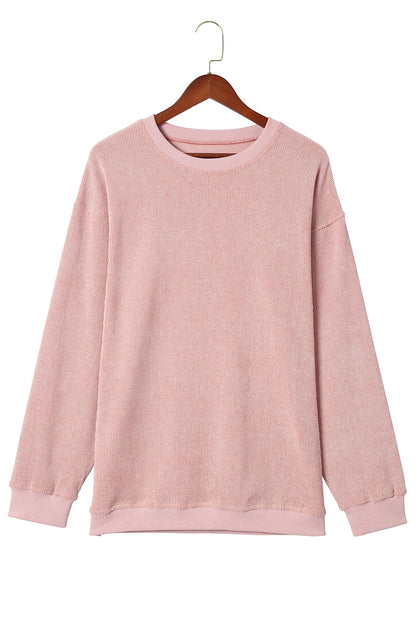 Pink Solid Ribbed Knit Round Neck Pullover Sweatshirt