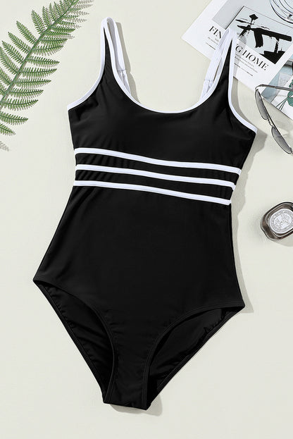 Black Contrast Trim U Neck Adjustable Strap One Piece Swimwear