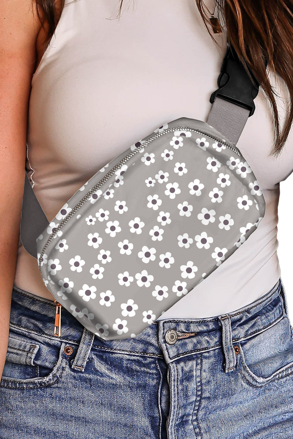 Gray 60s Vintage Flower Print Zip Up Crossbody Bag