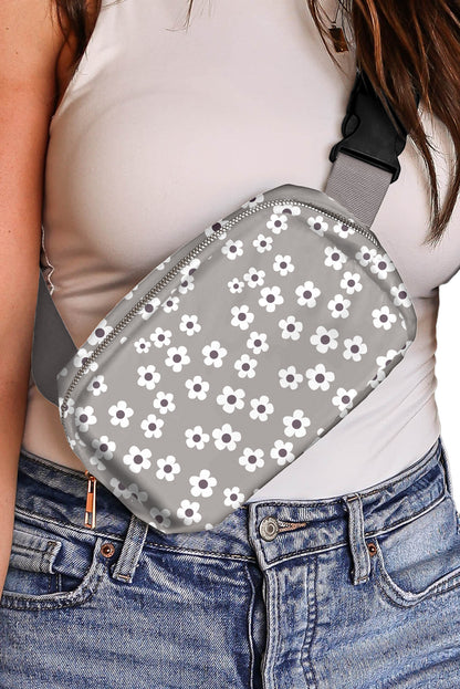 Gray 60s Vintage Flower Print Zip Up Crossbody Bag