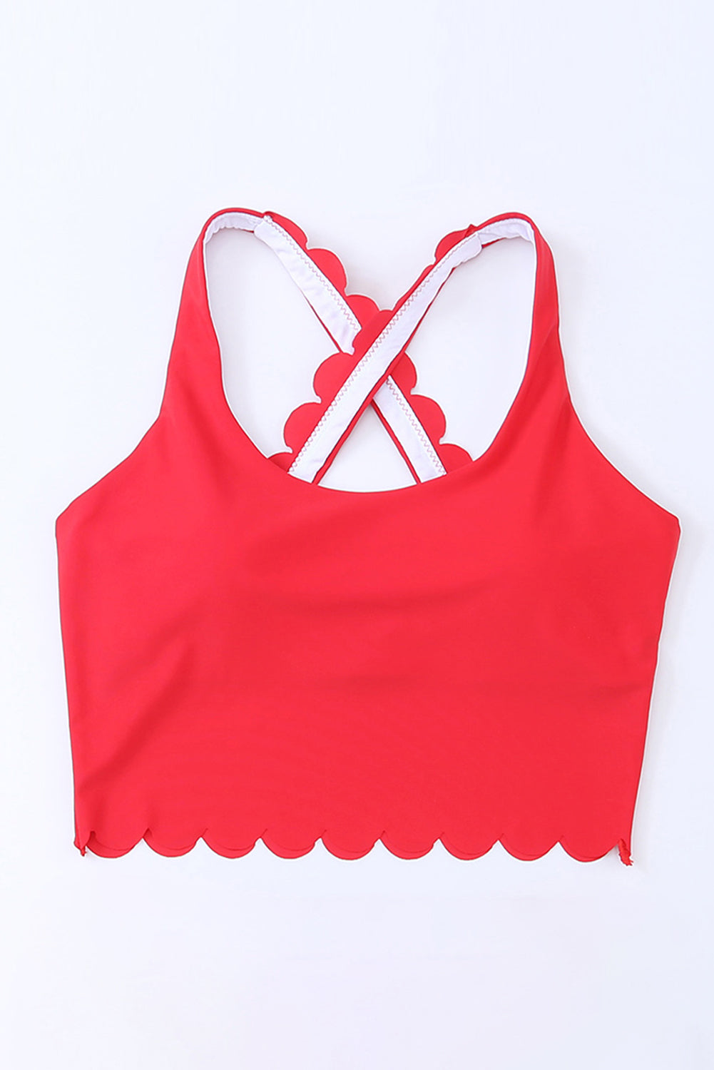 Fiery Red Scallop Hem Cross Straps Cropped Bikini Top