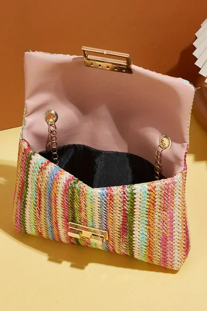 Strawberry Pink Striped Crochet Flapped Single Shoulder Bag