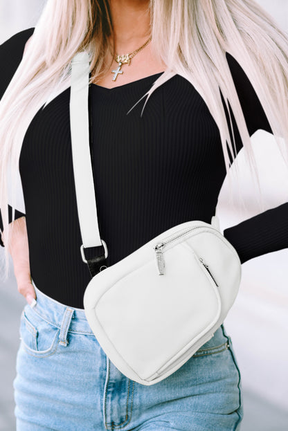 White Adjustable Strap Zipper PU Leather Sling Bag