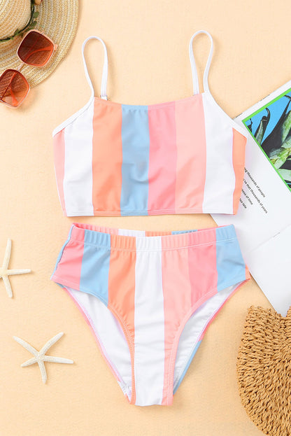 Orange Striped Colorblock High Waist Two Piece Swimsuit