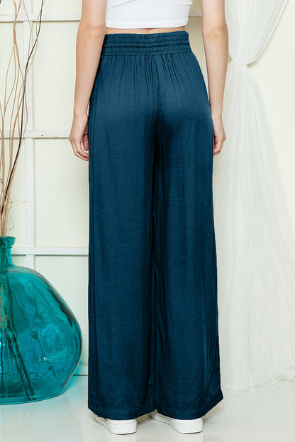 Blue Casual Drawstring Shirred Elastic Waist Wide Leg Pants