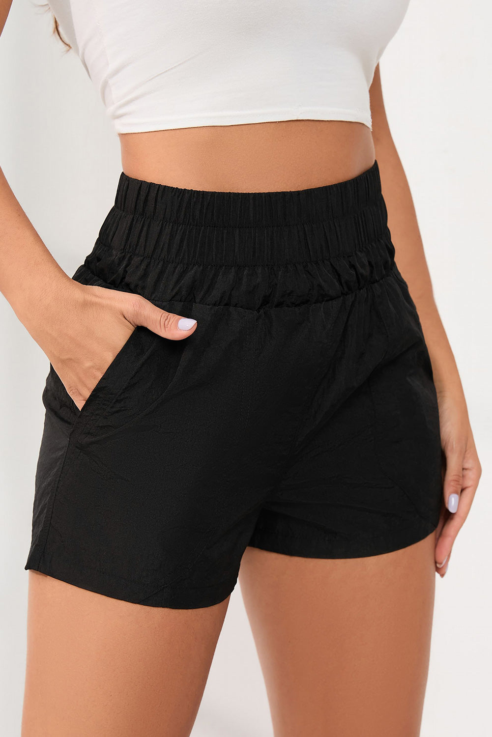 Black Elastic Side Pockets High Waist Shorts