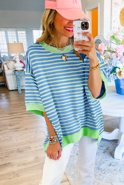 Pink Stripe Colorblock Drop Sleeve Loose Top