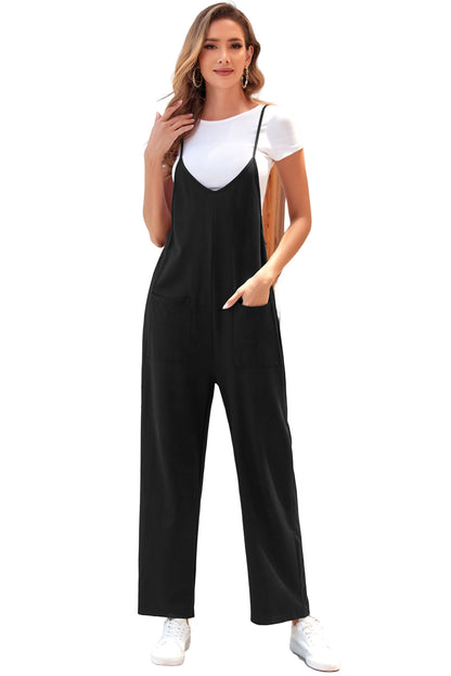 Black Pocketed Adjustable Spaghetti Strap Straight Leg Jumpsuit