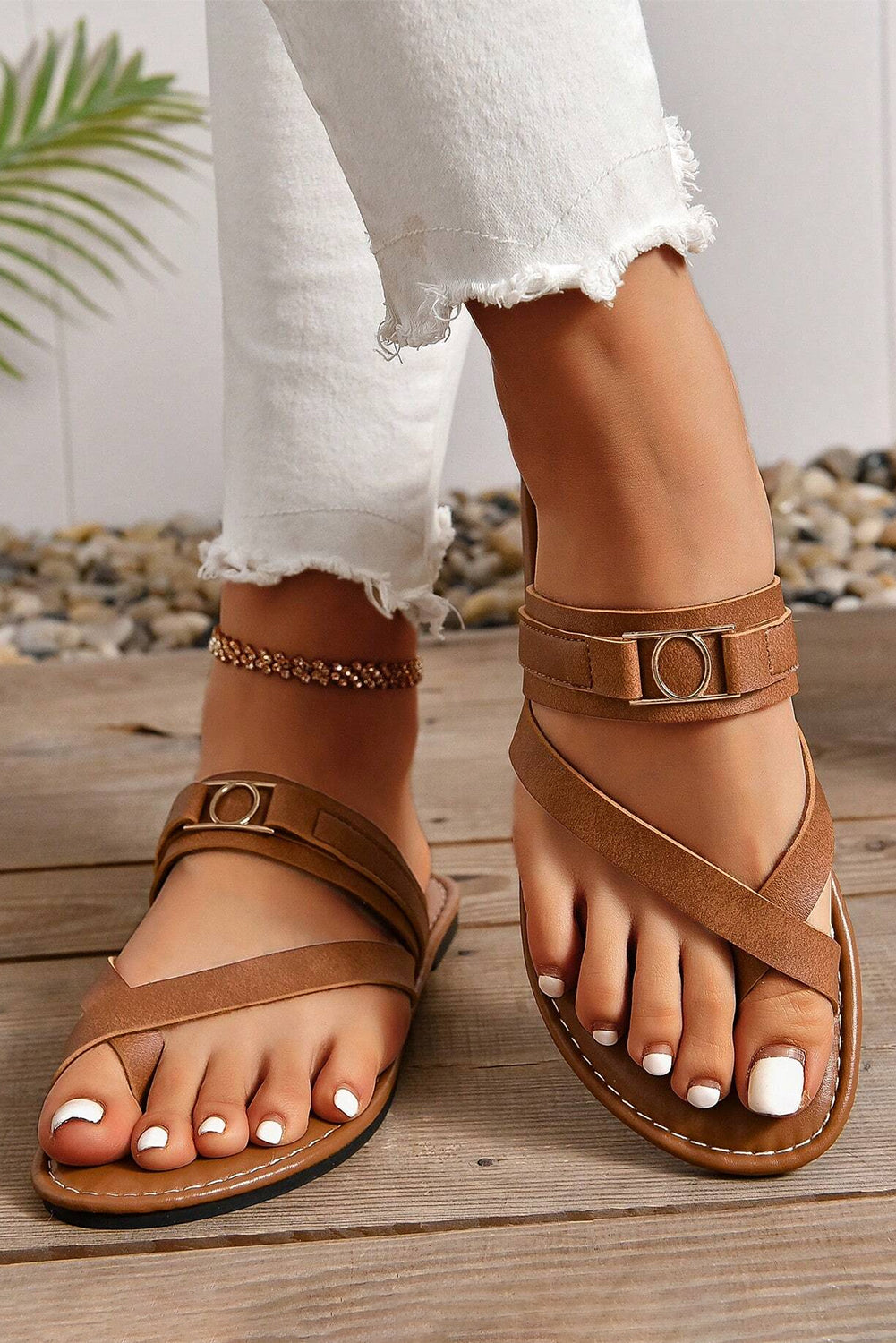 Chestnut Cross Toe Metal Buckle Strap Flat Slippers