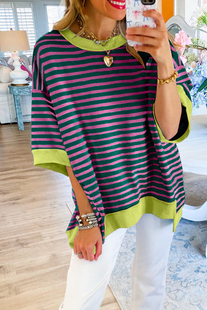 Pink Stripe Colorblock Drop Sleeve Loose Top