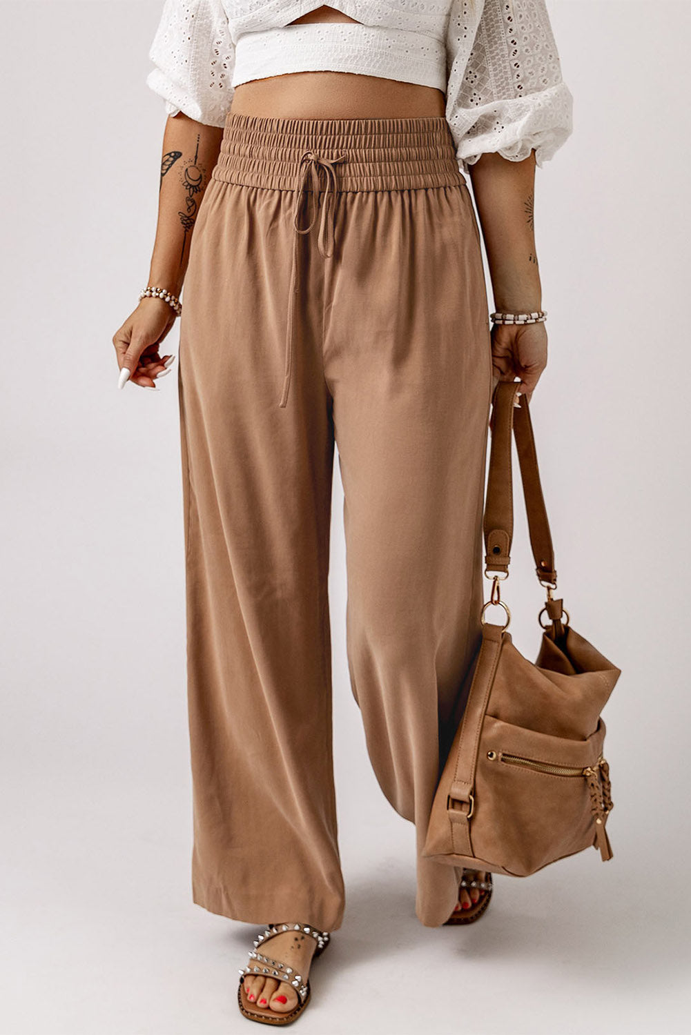 Blue Casual Drawstring Shirred Elastic Waist Wide Leg Pants