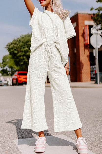 White Textured Loose Fit T Shirt and Drawstring Pants Set