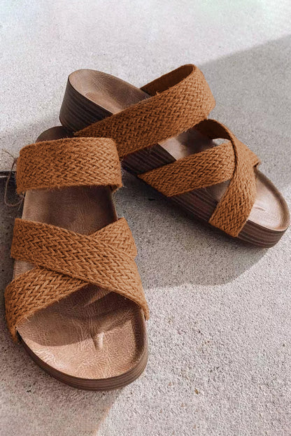 Brown Woven Criss Cross Strap Platform Slip On Sandals