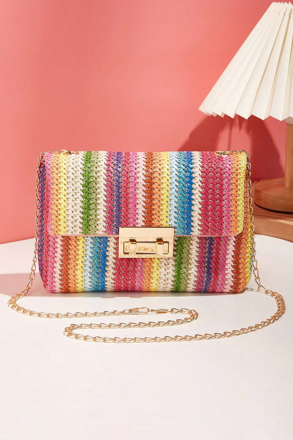 Strawberry Pink Striped Crochet Flapped Single Shoulder Bag