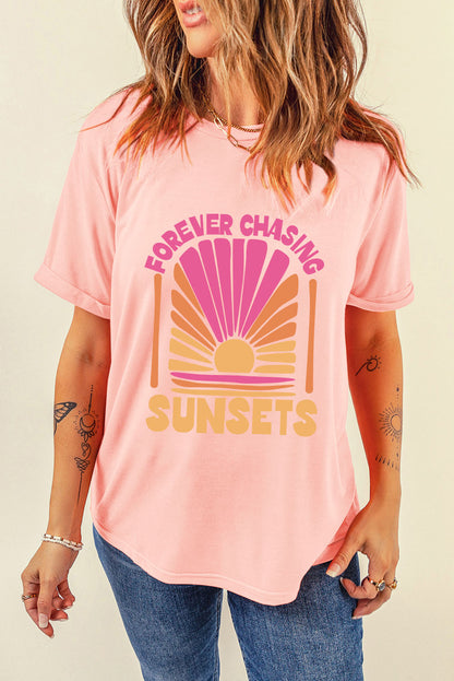 Pink FOREVER CHASING SUNSET Graphic Round Neck T Shirt