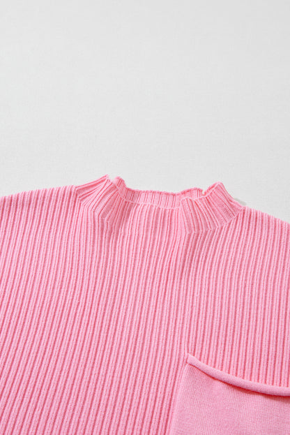 Pink Patch Pocket Ribbed Knit Short Sleeve Sweater