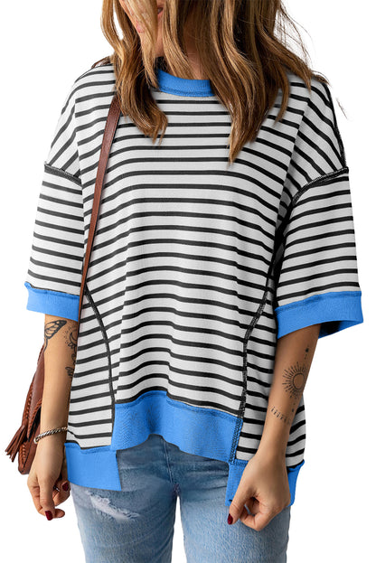 Pink Stripe Colorblock Drop Sleeve Loose Top