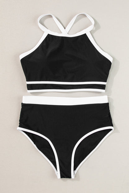 Black Contrast Trim Crisscross Back High Waisted Bikini