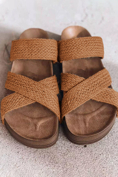 Brown Woven Criss Cross Strap Platform Slip On Sandals