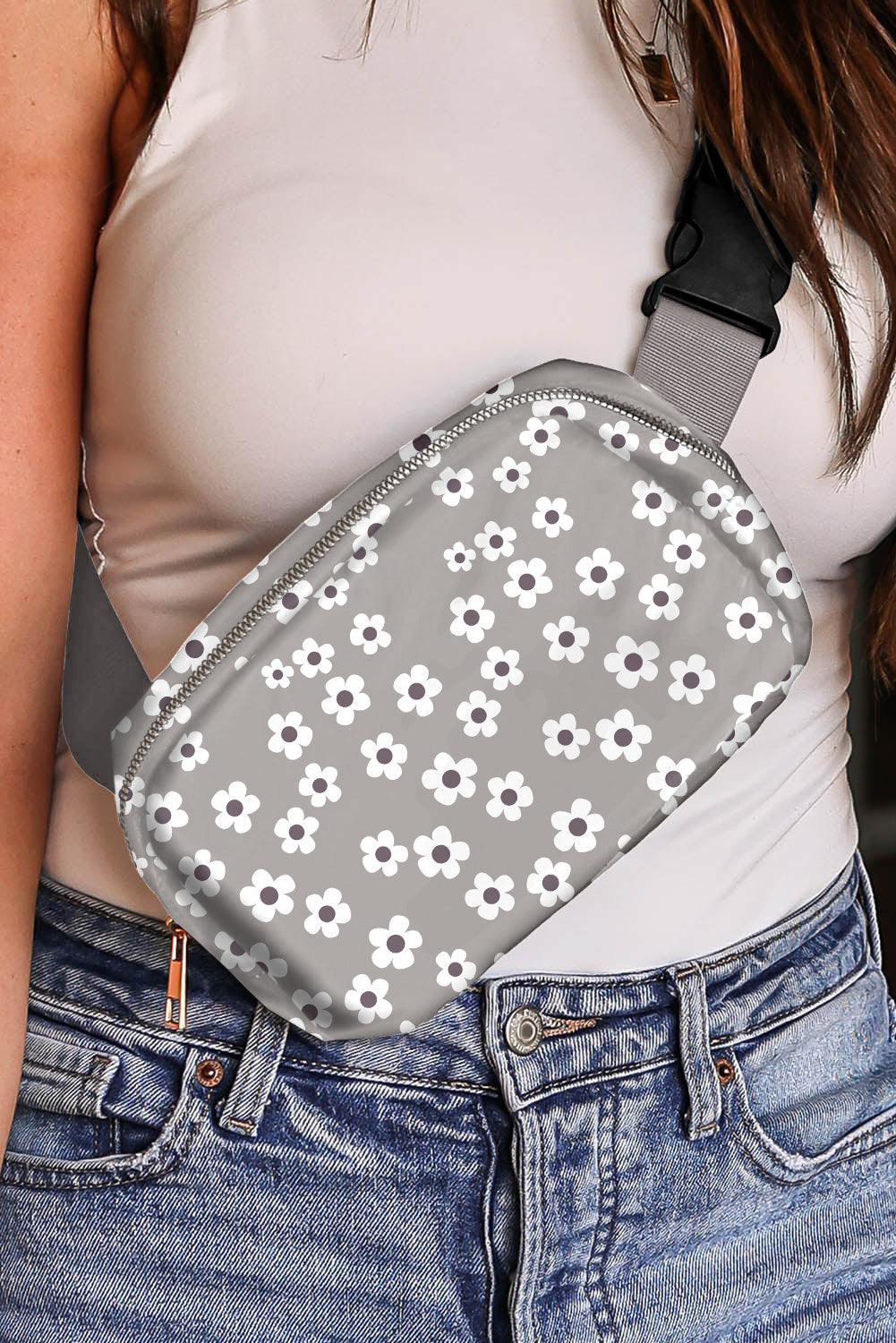 Gray 60s Vintage Flower Print Zip Up Crossbody Bag