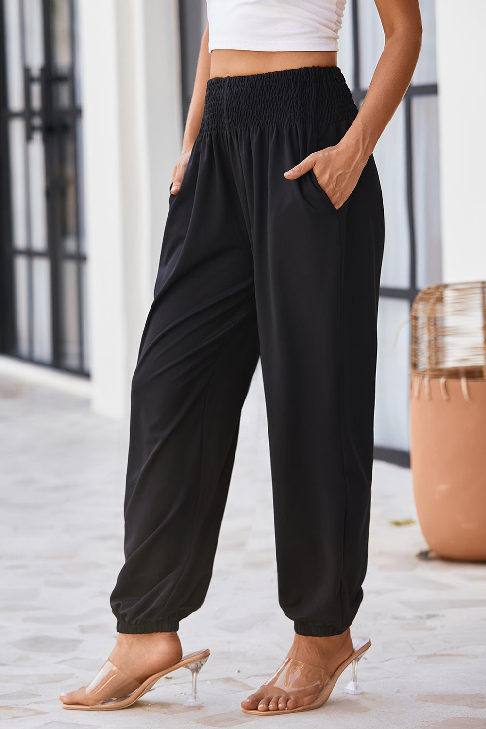 Black Pocketed Smocked High Waist Joggers