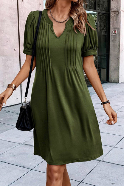 Desert Palm Notched Neck Pleated Puff Sleeve T Shirt Dress