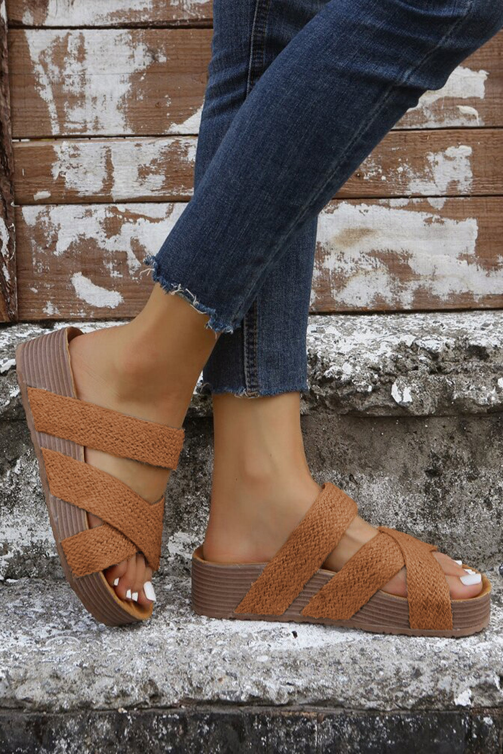 Brown Woven Criss Cross Strap Platform Slip On Sandals