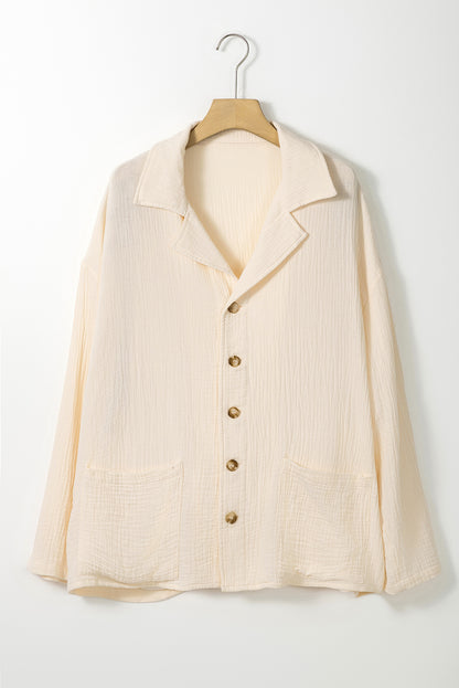 White Crinkle Textured Lapel Collar Buttoned Shirt