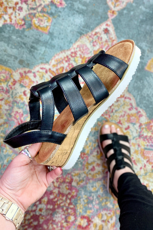 Black Hollowed PU Leather Straps Wedge Sandals