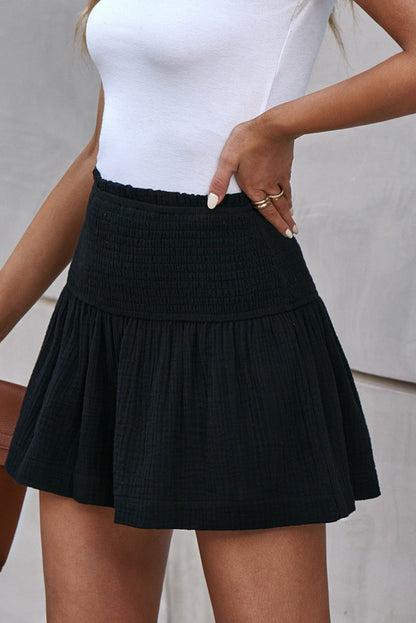 Black Basic Smocked High Waist Ruffle Shorts