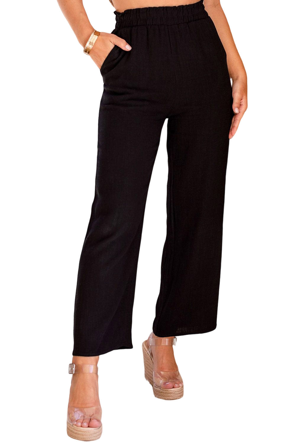 Black Casual Elastic Waist Wide Leg Pants With Pockets