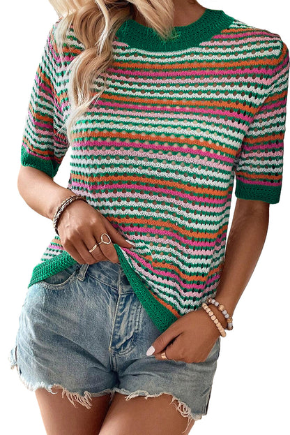 Dark Green Striped Pattern Contrast Trim Pointelle Knit T Shirt