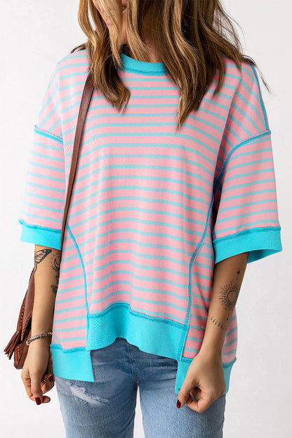 Pink Stripe Colorblock Drop Sleeve Loose Top