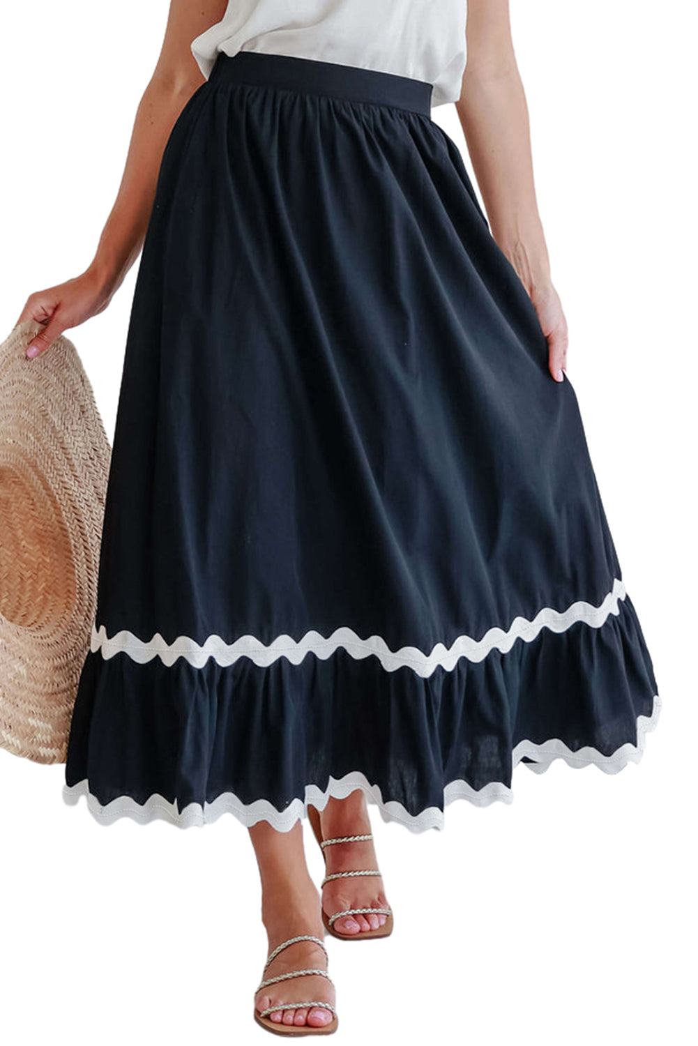 Black Ric Rac Trim High Waist Maxi Skirt