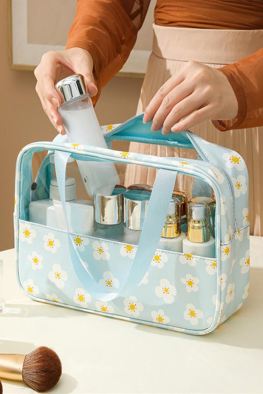 Mist Blue Floral Print Zipper Waterproof Clear Makeup Bag