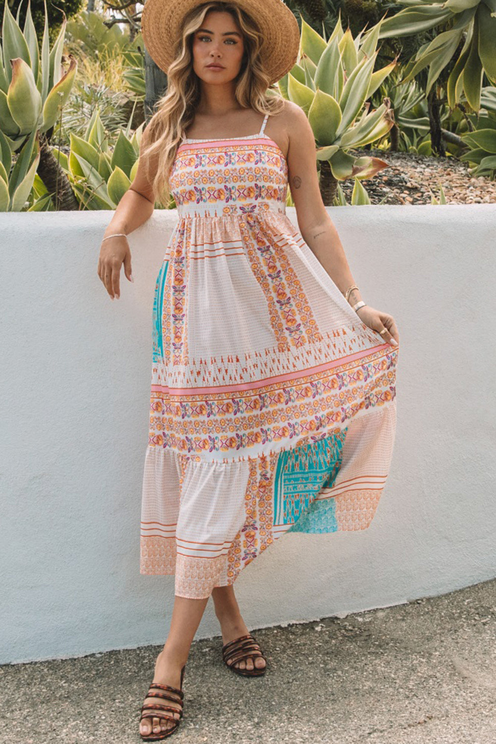 Multicolor Boho Patchwork Print Square Neck Sundress