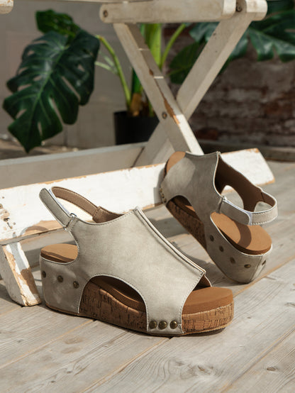 Brown Vintage Leather Stitching Studded Wedge Sandals